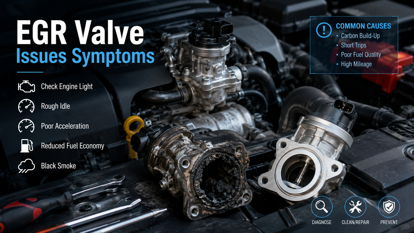 Professional automotive infographic showing a modern engine bay with a functioning EGR valve installed alongside a heavily carbon-clogged EGR valve removed for comparison.