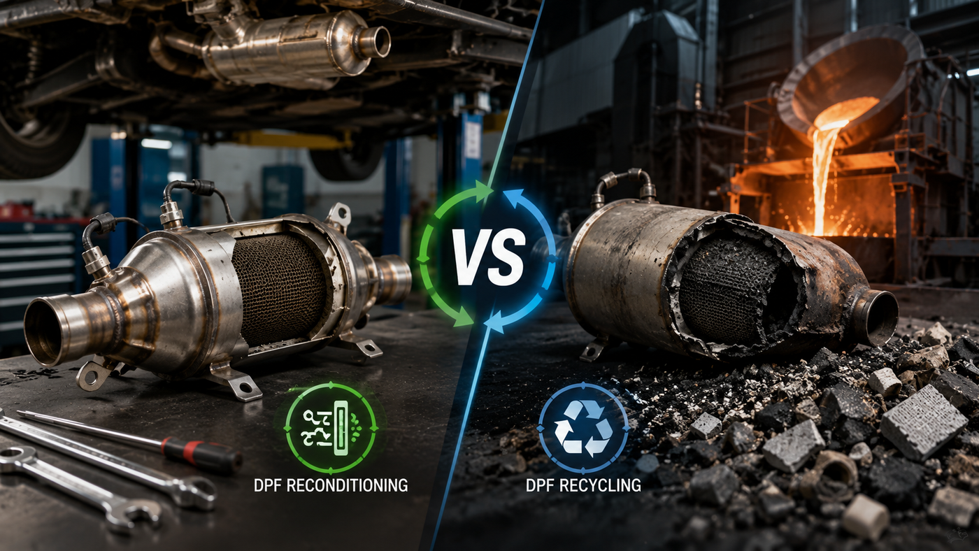 Professional comparison infographic illustrating DPF recycling versus DPF reconditioning for diesel vehicles.