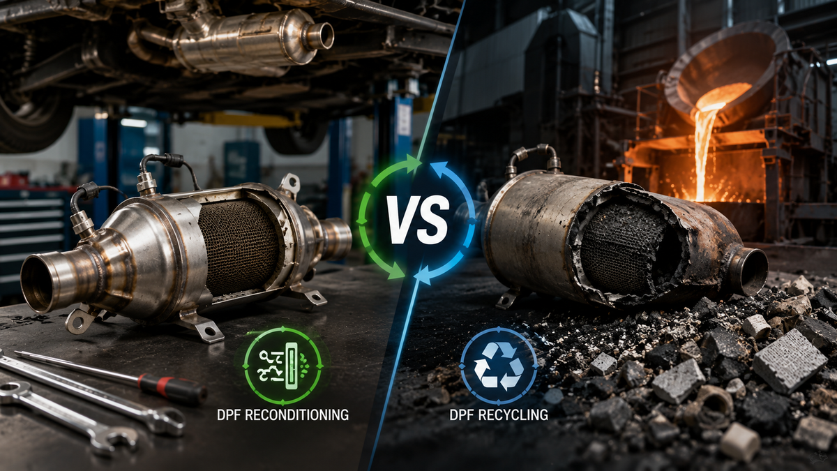 Professional comparison infographic illustrating DPF recycling versus DPF reconditioning for diesel vehicles.