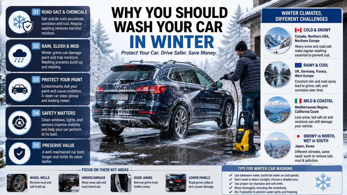 A family vehicle being washed during winter conditions, featuring a clean SUV parked on a residential driveway with traces of snow, wet pavement, and cold-weather surroundings. The scene highlights winter vehicle maintenance, undercarriage rinsing