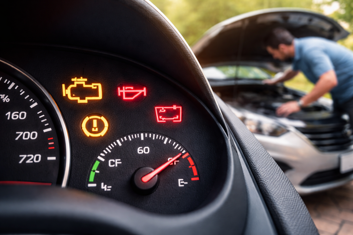 Car dashboard warning lights illuminated with driver checking engine under the hood in a driveway setting