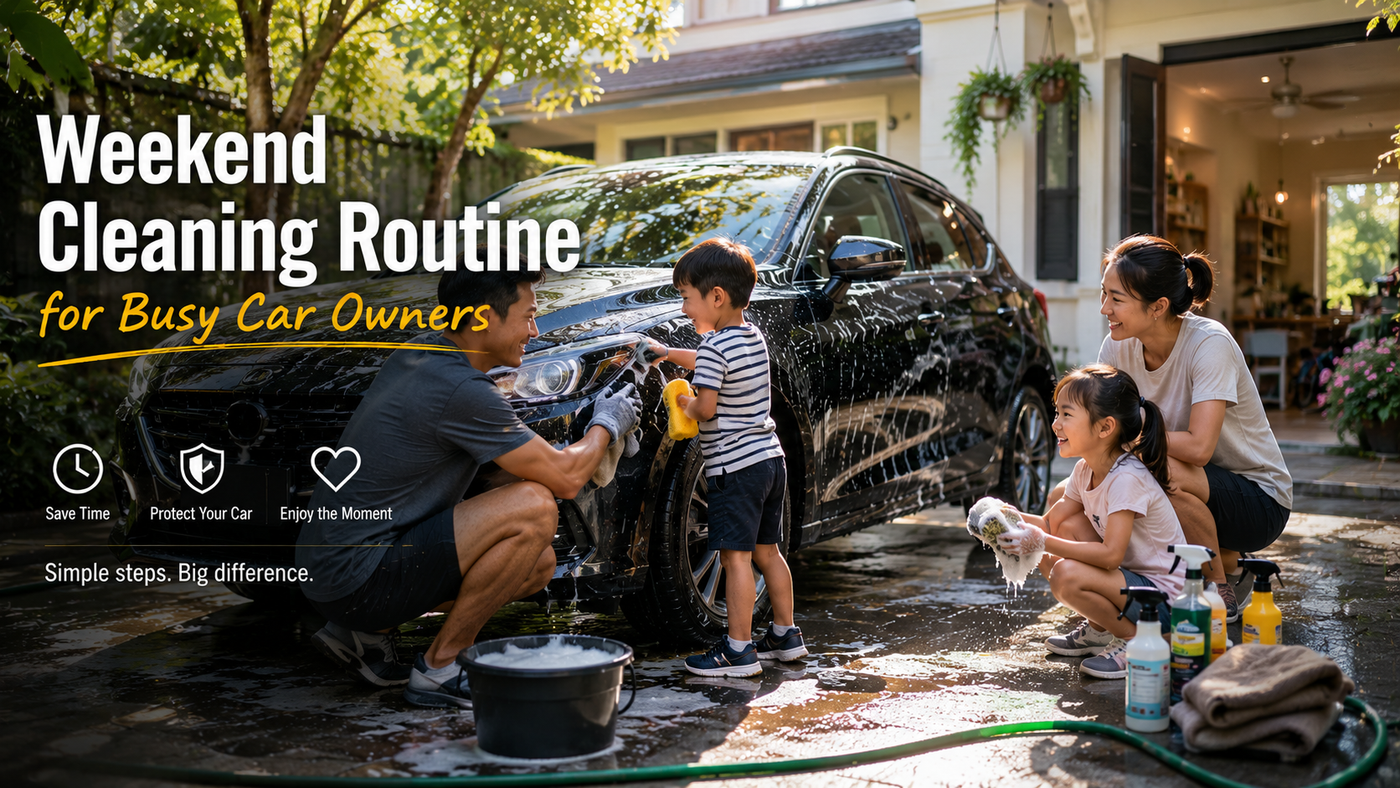 Modern tropical home driveway scene showing a busy car owner doing a quick weekend vehicle cleaning routine with microfiber towels, foam wash, compact pressure washer setup