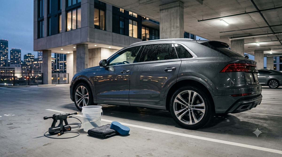 Apartment car washing setup featuring a cordless portable pressure washer, purified water bucket, microfiber drying towel, and rinseless wash tools creating a professional spot-free vehicle finish in an urban parking environment.