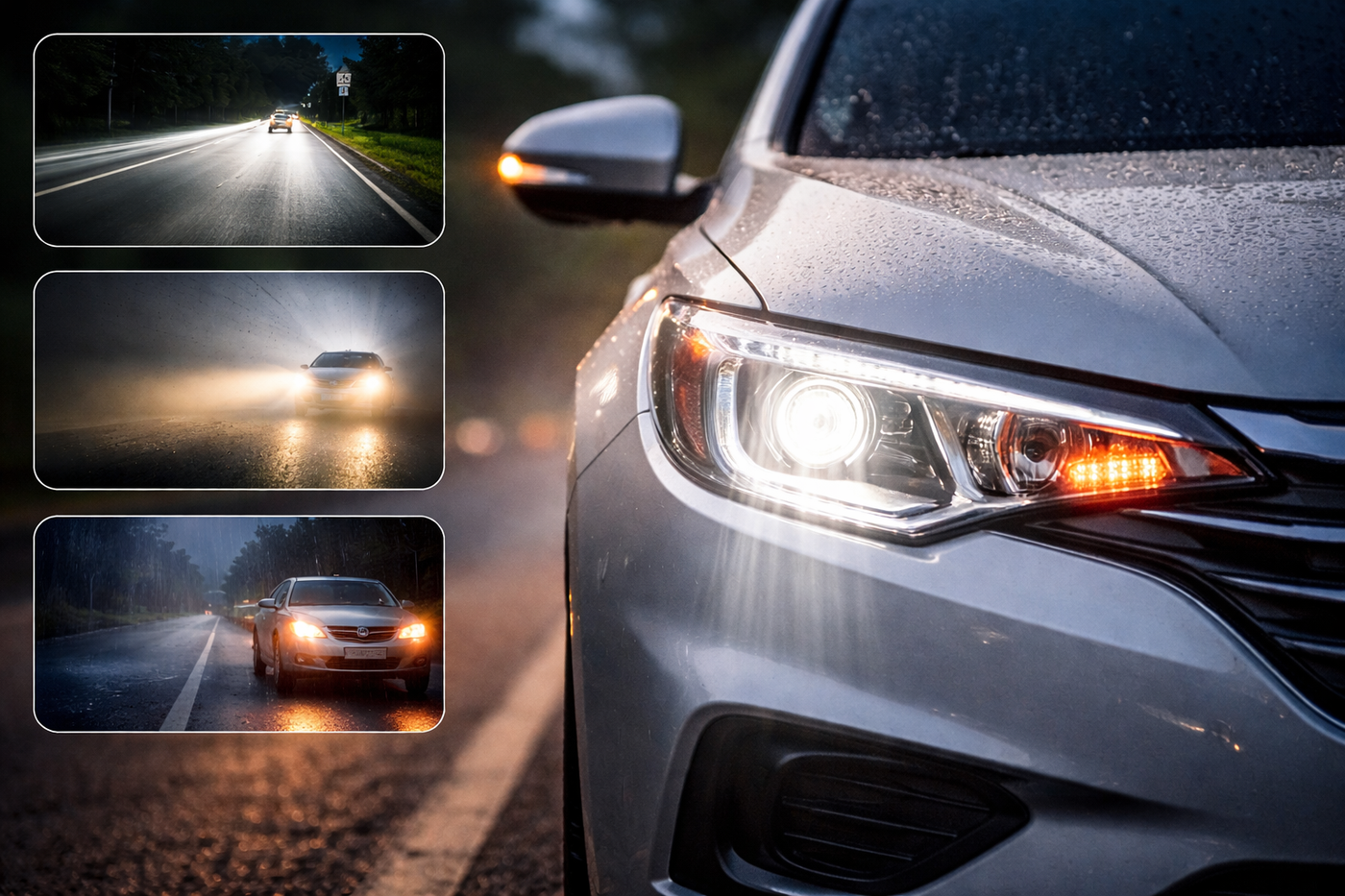 Car driving at night with clear headlights illuminating the road and visible beam difference between high and low beams