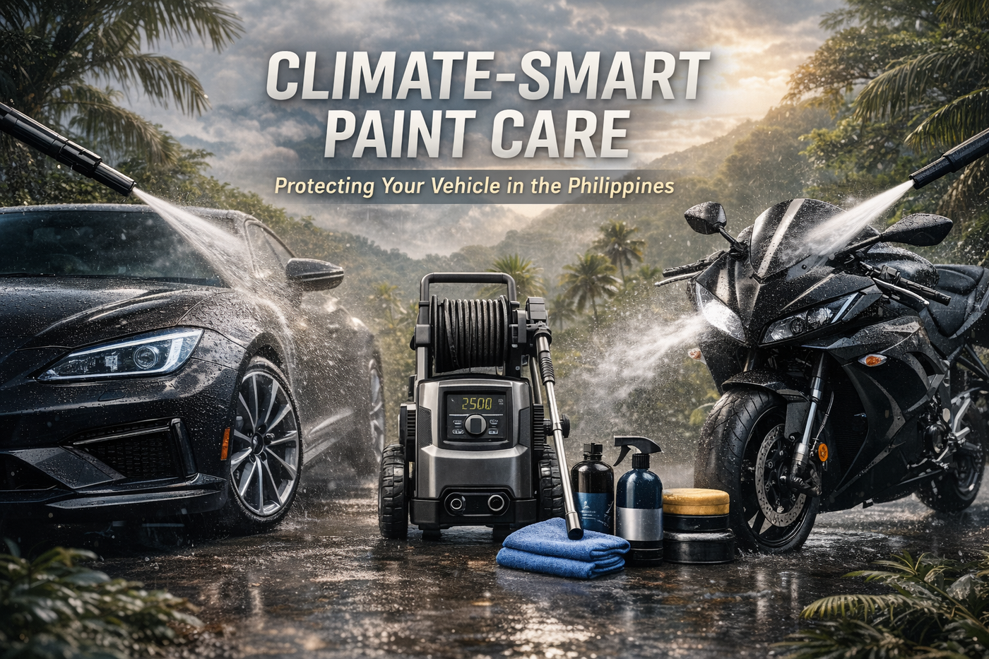 Car and motorcycle being cleaned with a high-pressure washer in a tropical environment, highlighting professional paint care and protection in humid climates