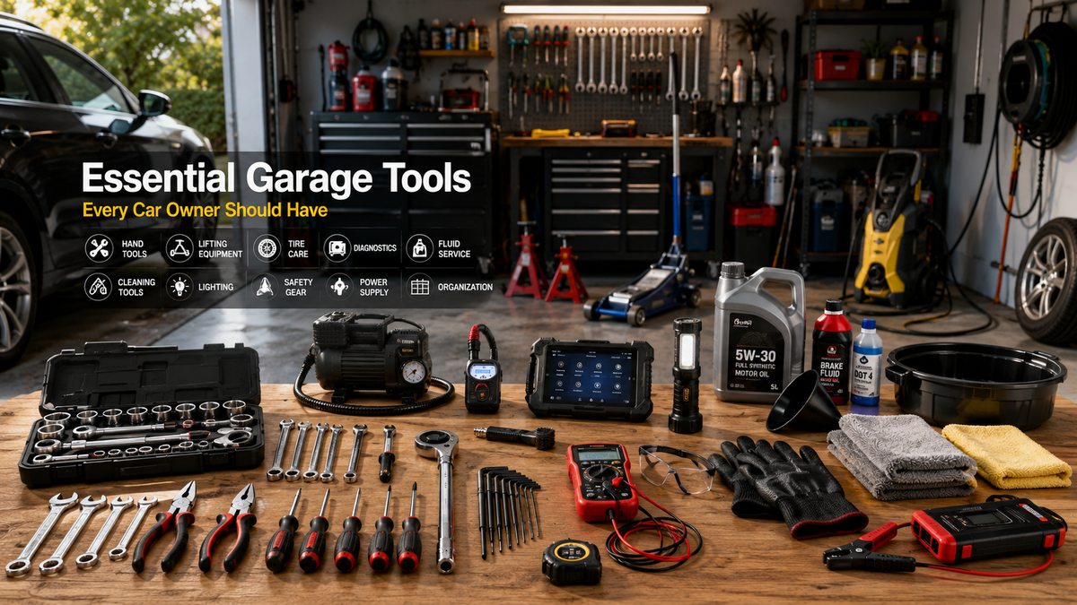 Well-organized home garage with essential automotive tools, diagnostic equipment, lifting gear, and car cleaning supplies for DIY vehicle maintenance.