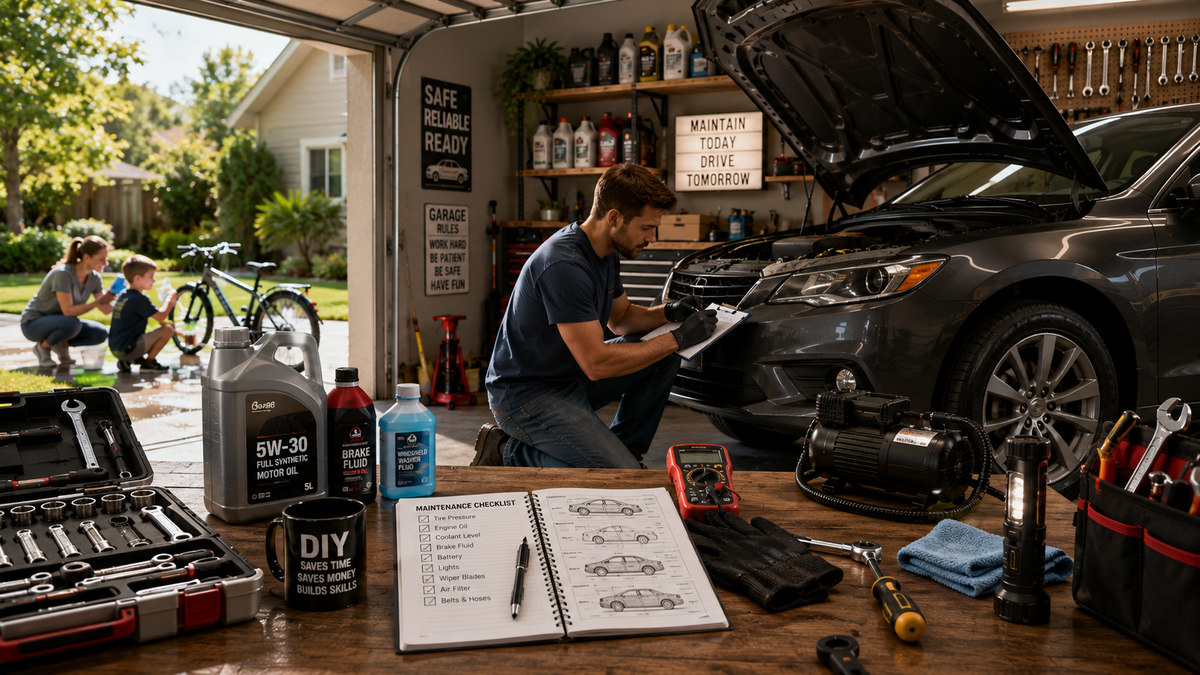 Beginner performing DIY car maintenance in a home garage using basic tools while inspecting a family vehicle for routine care.
