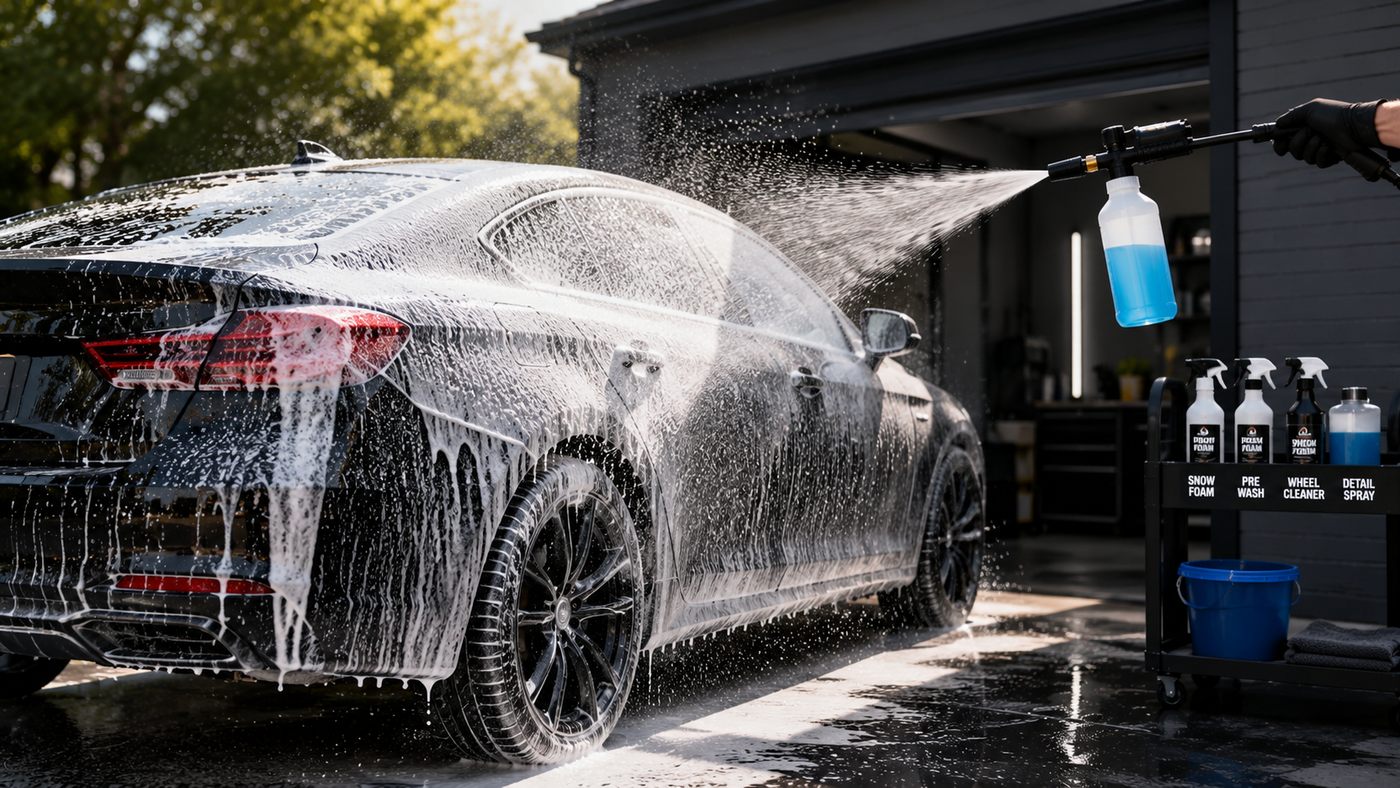 Touchless car washing with a pressure washer and snow foam, cleaning a vehicle safely while protecting the paint finish.