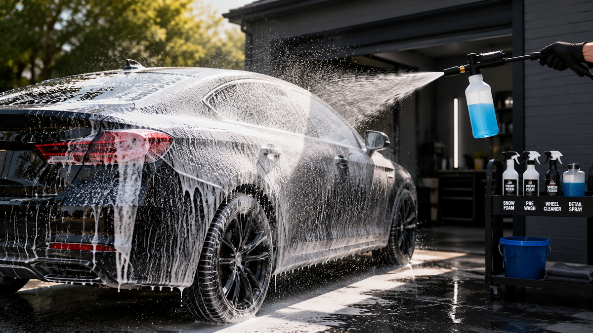 Touchless car washing with a pressure washer and snow foam, cleaning a vehicle safely while protecting the paint finish.
