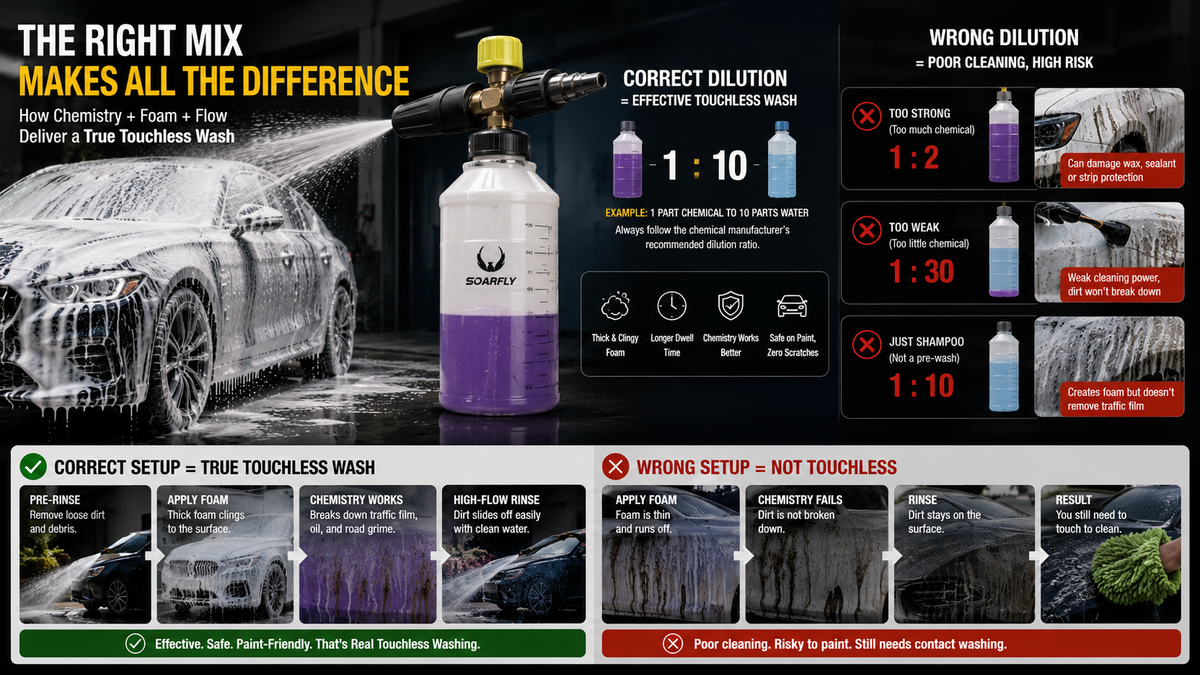 PA foam cannon applying thick snow foam during a touchless car wash, showing the importance of proper dilution and pre-wash chemistry for effective vehicle cleaning.