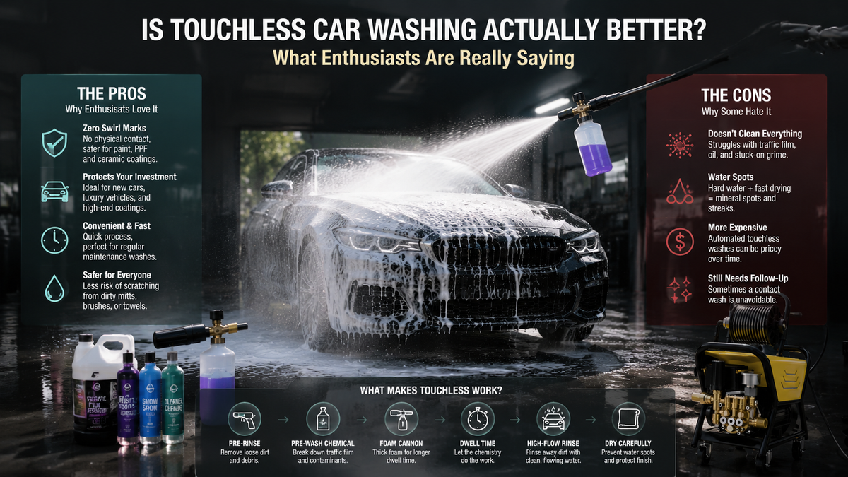 Touchless car washing comparison showing foam cleaning process, pressure washer equipment, and the benefits and limitations of no-contact vehicle washing.