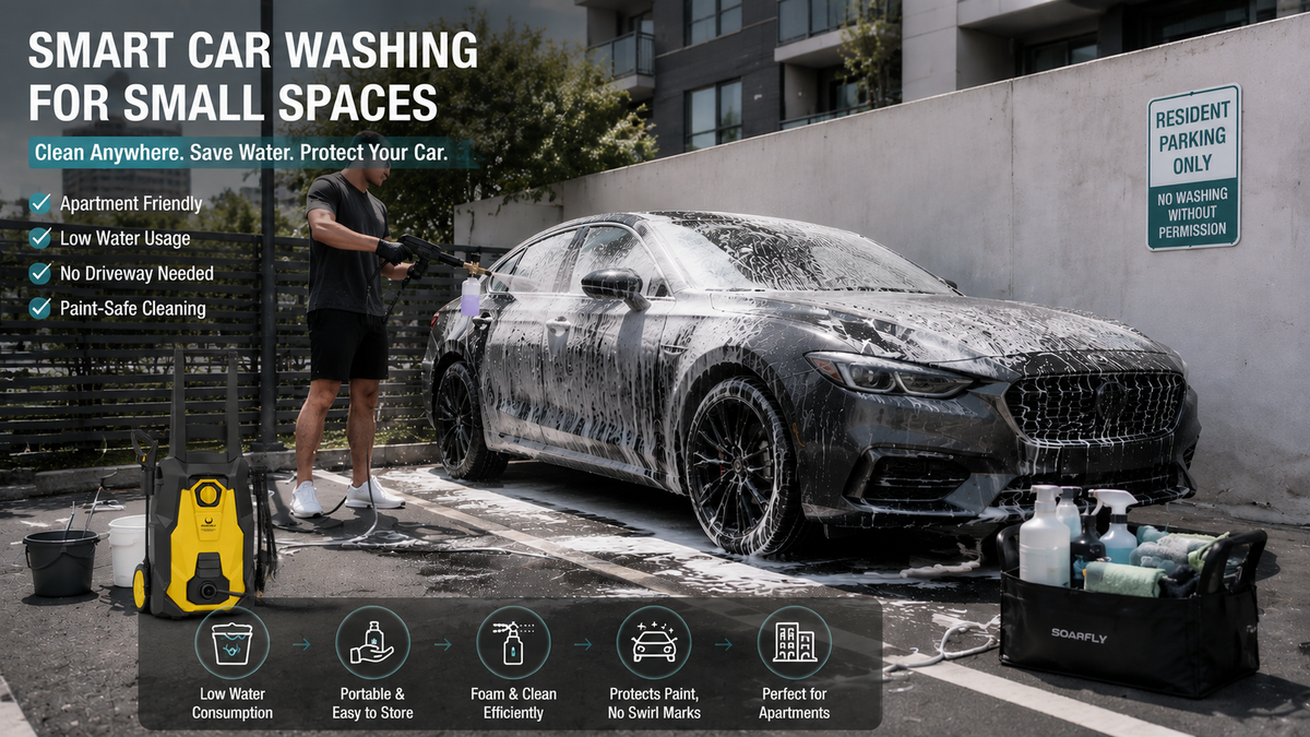 Portable pressure washer setup for apartment car washing, showing a compact cleaning solution for maintaining vehicles in small spaces without a driveway.