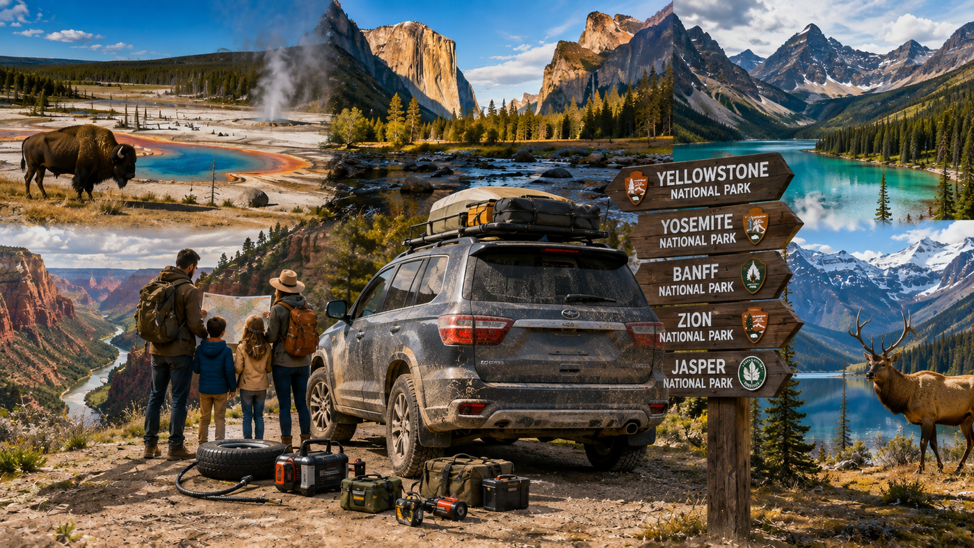 Adventure SUV returning from a summer national park road trip with dust, gravel, and mud, parked beside iconic mountain landscapes and camping gear, representing post-trip vehicle maintenance, wheel well cleaning, undercarriage protection