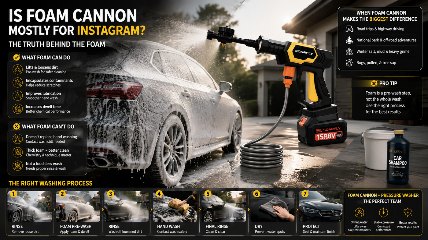 DIY car enthusiast using a portable pressure washer and foam cannon to safely pre-wash a vehicle in a home driveway, highlighting snow foam, paint protection, and proper detailing techniques.