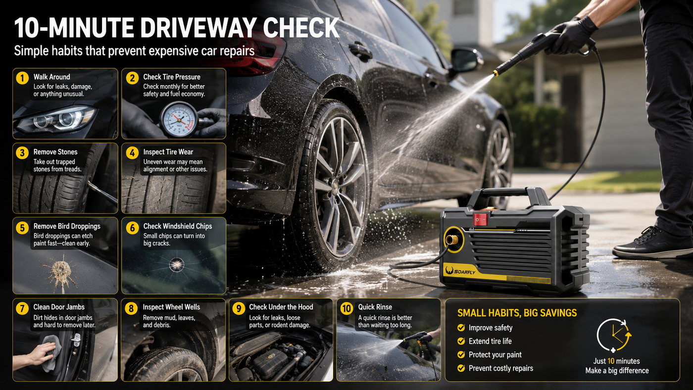 Portable Soarfly pressure washer used during a 10-minute driveway maintenance routine, helping clean a family car, rinse wheel wells, inspect tires, and support easy DIY vehicle care at home.