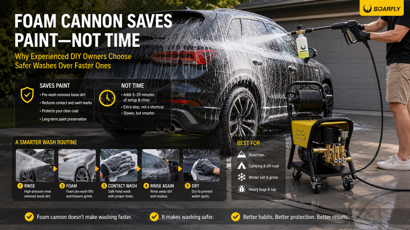 Foam cannon and portable pressure washer used during a home car wash, illustrating that snow foam protects automotive paint by reducing contact washing rather than saving overall wash time.