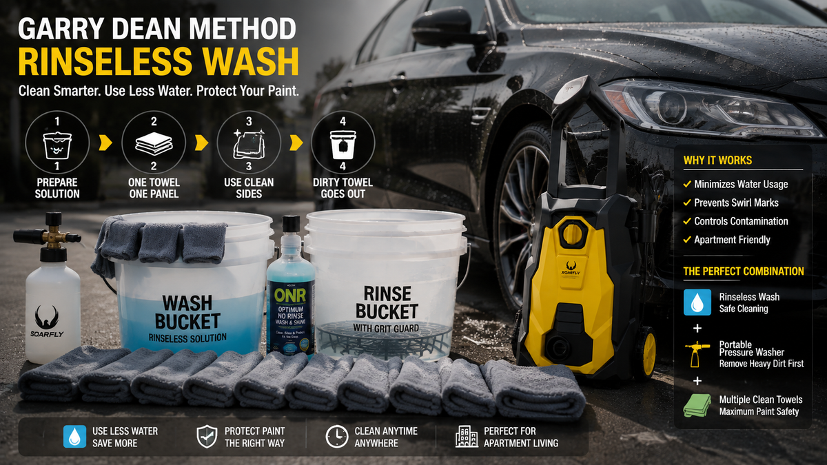 Garry Dean Method rinseless wash setup with buckets, microfiber towels, and portable pressure washer for low-water car cleaning.