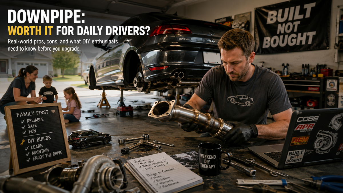 Weekend DIY mechanic upgrading a turbocharged car with a new downpipe in a well-organized home garage, surrounded by tools, performance parts, and a family-friendly suburban setting.
