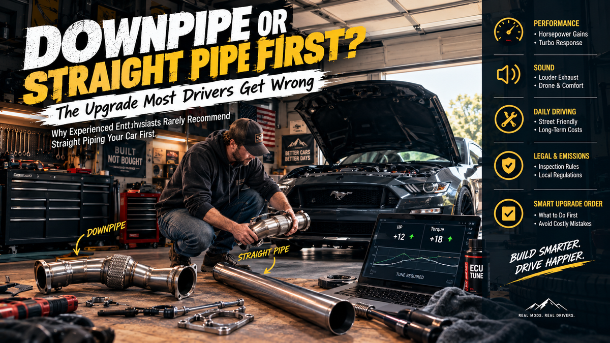 Automotive DIY enthusiast working beneath a modified performance coupe in a professional home garage while upgrading the exhaust system with aftermarket downpipe components.