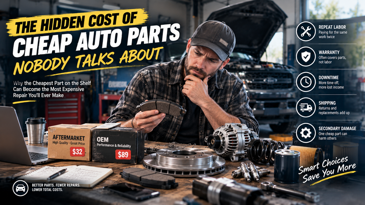 Car owner performing a DIY repair in a professional home garage, comparing aftermarket auto parts before installation to avoid repeat labor and unnecessary repair costs.