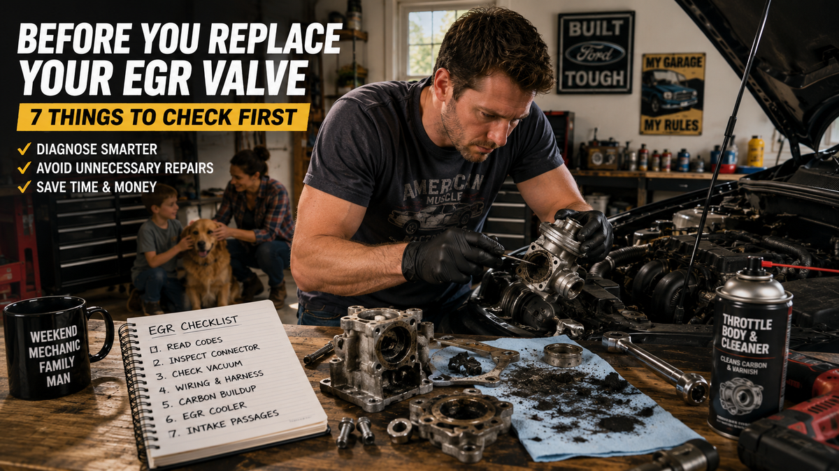 Weekend DIY mechanic diagnosing an EGR valve problem in a well-equipped suburban garage, using basic tools to inspect carbon buildup and engine components before deciding on replacement.