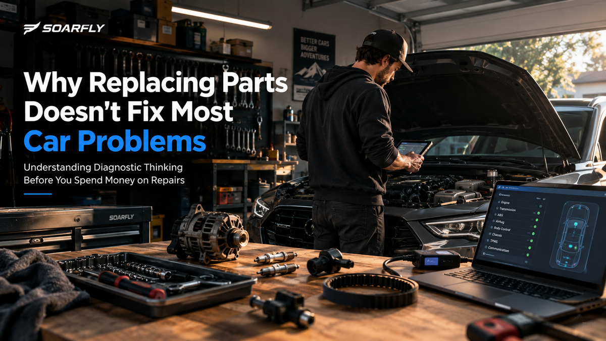 DIY car enthusiast diagnosing an engine in a well-equipped home garage using diagnostic tools and inspecting components before replacing parts, illustrating professional vehicle troubleshooting and diagnostic thinking.
