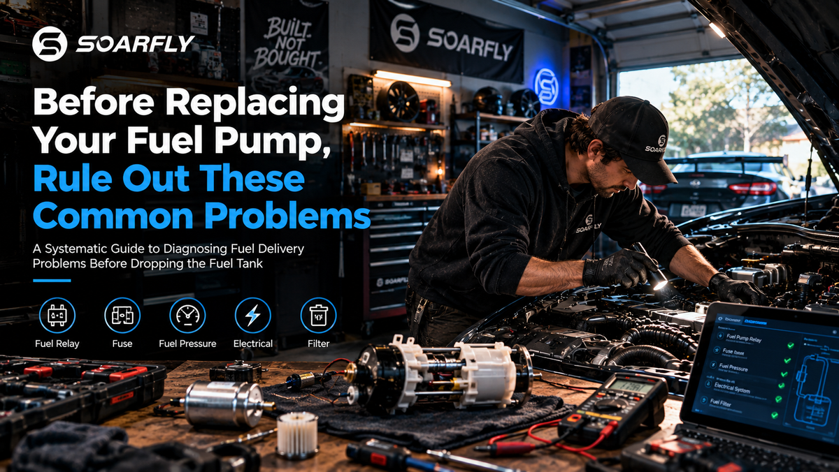 DIY car enthusiast diagnosing a vehicle fuel delivery system in a home garage, inspecting the fuel pump, relay, electrical wiring, and fuel filter with professional diagnostic tools before replacing parts.