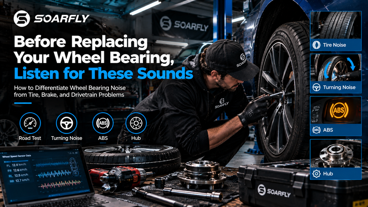 DIY car enthusiast inspecting a wheel hub assembly in a home garage, diagnosing wheel bearing noise with professional tools during a brake and suspension inspection before replacing parts.