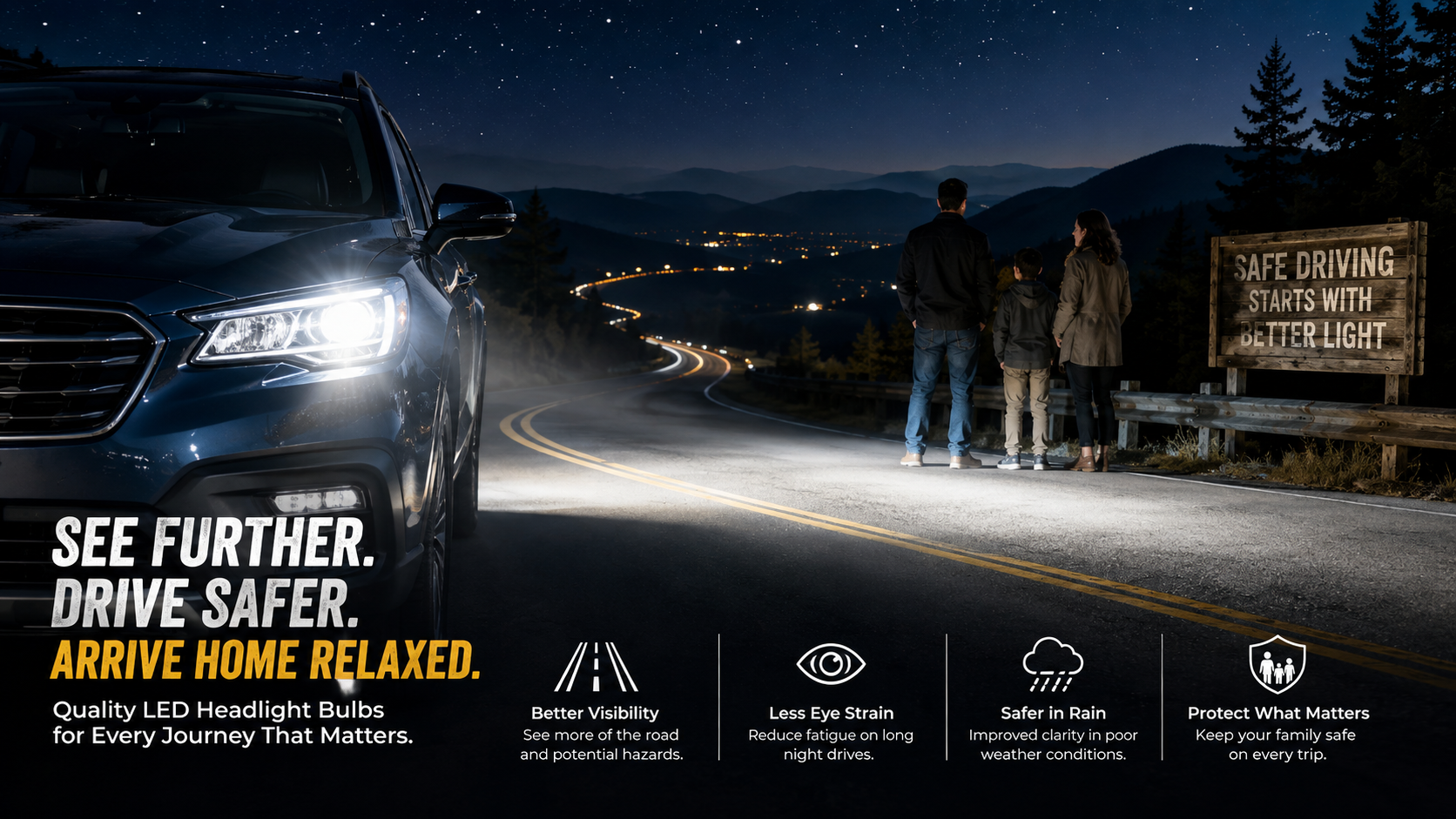 Modern SUV driving along a scenic rural highway at dusk with bright LED headlight bulbs illuminating the road ahead, highlighting safer night driving, reduced driver fatigue, and family road trip comfort.