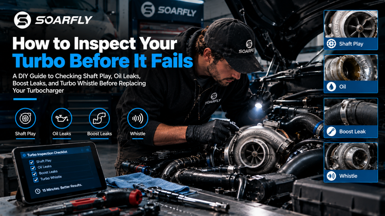 DIY performance car enthusiast inspecting a turbocharger in a modern home garage, checking the compressor housing, boost pipes, oil lines, and intake system with professional tools before diagnosing turbocharger problems.