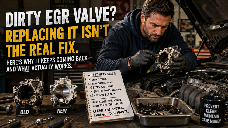 DIY car owner inspecting a carbon-covered EGR valve inside a modern home garage, diagnosing engine carbon buildup before replacing parts as part of preventive vehicle maintenance.