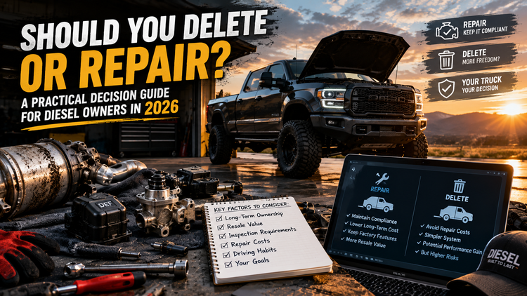Lifted diesel pickup truck in a modern home garage with the hood open, surrounded by diesel engine components and repair tools, illustrating the decision between repairing or deleting emissions systems for long-term truck ownership.