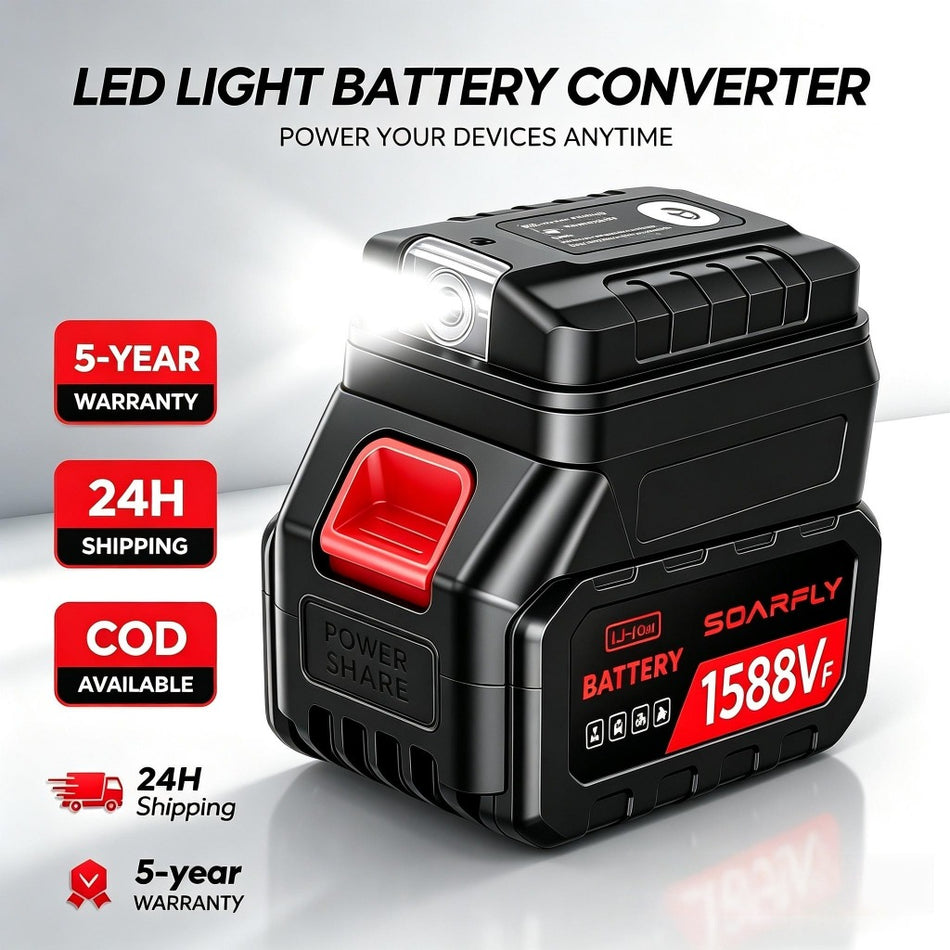 Adaptador conversor de bateria de íons de lítio SOARFLY 1588VF - Power bank com carregamento rápido USB duplo e luz de trabalho LED de emergência