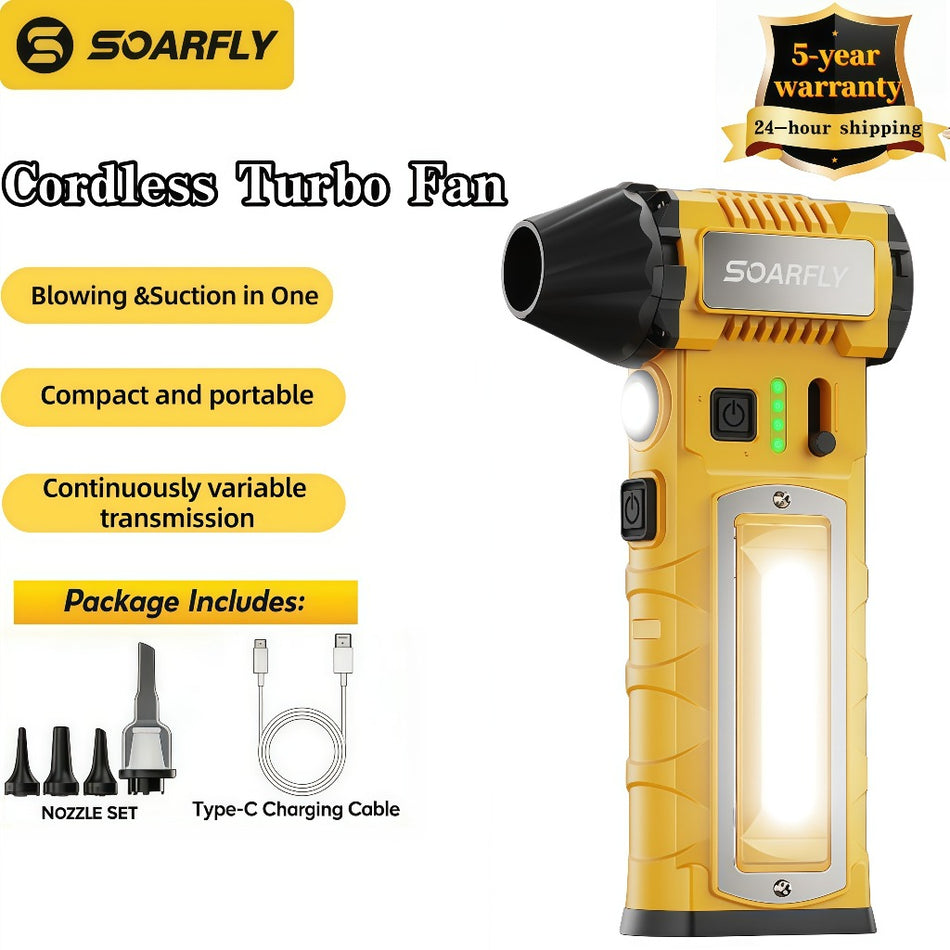 Soprador Turbo Jet Portátil SOARFLY com LED de Emergência - Soprador de Ar Portátil de Alta Velocidade para PC, Detalhamento e Camping
