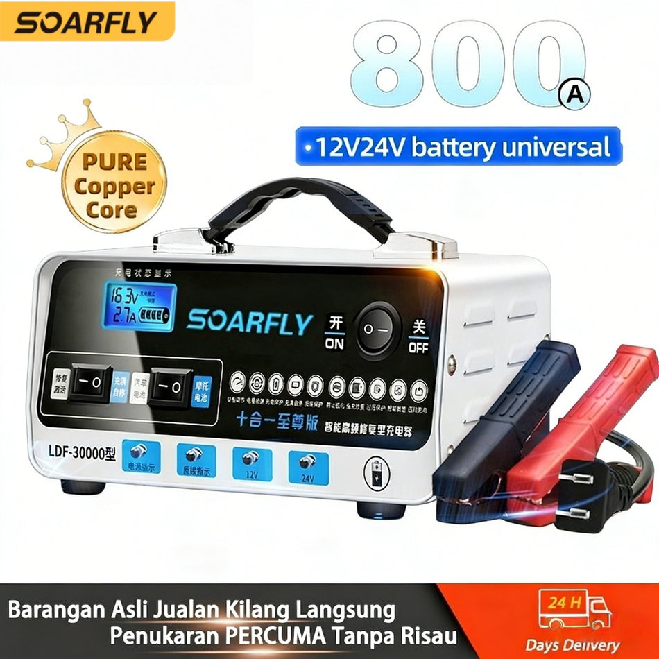 Carregador e mantenedor de bateria inteligente universal SOARFLY - Reparo automático por pulsos para baterias de caminhões, motos e embarcações