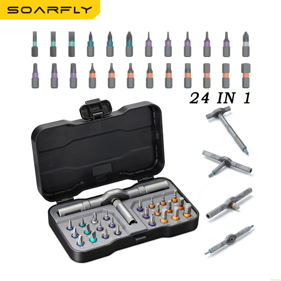 Kit de chave de fenda com catraca multifuncional Soarfly com 24 peças - conjunto compacto de ferramentas de precisão S2 para uso diário (EDC)