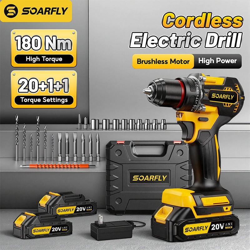 Conjunto de furadeira sem fio e sem escovas 20V MAX - Kit resistente 3 em 1 de furadeira de impacto e parafusadeira com bateria de 20V e maleta premium de acessórios