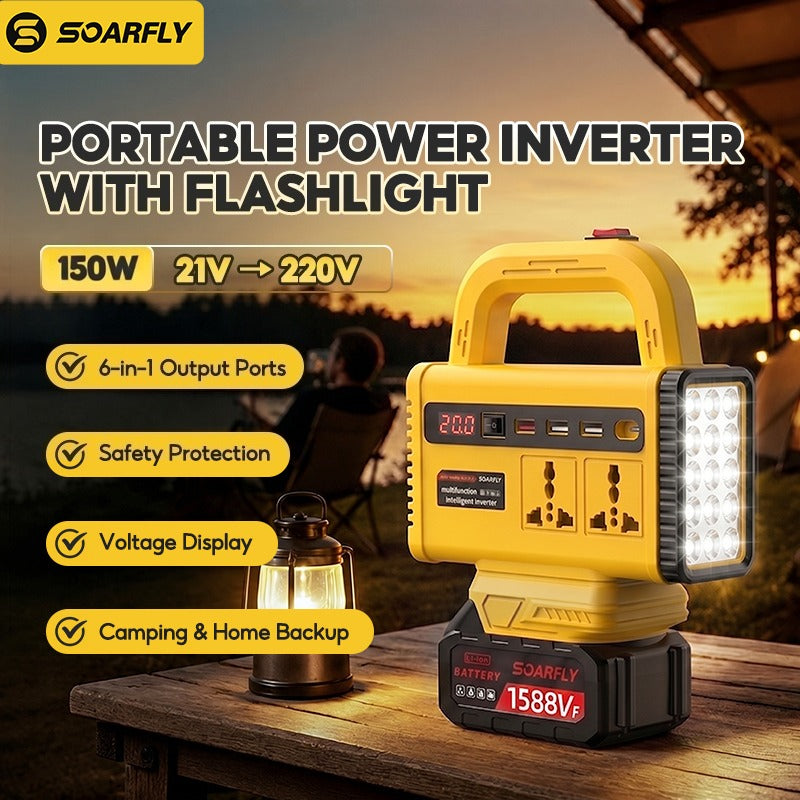 Inversor de energia inteligente mini SOARFLY - adaptador de bateria de 18V/21V para estação de carregamento AC/USB com luz LED de emergência