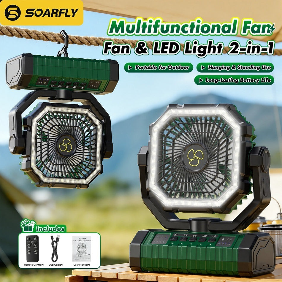 Ventilador de acampamento resistente sem fio SOARFLY - ventilador alimentado por bateria de lítio ajustável de 20000mAh