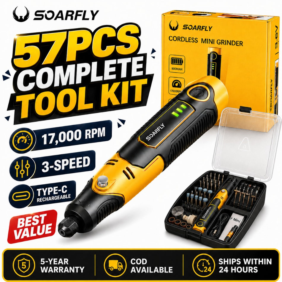 Kit de Ferramenta Rotativa Mini Sem Fio SOARFLY 16000RPM - 57 peças, Retificadora Elétrica de Precisão e Lixadeira de Detalhes para Impressões 3D, Modelos e Modificação de Miniaturas