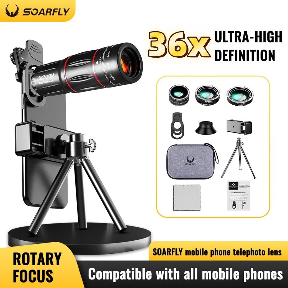 Conjunto de lentes universais para celular SOARFLY com alta definição e ampliação de 36x - Kit de teleobjetiva com zoom óptico de longo alcance e estojo para transporte