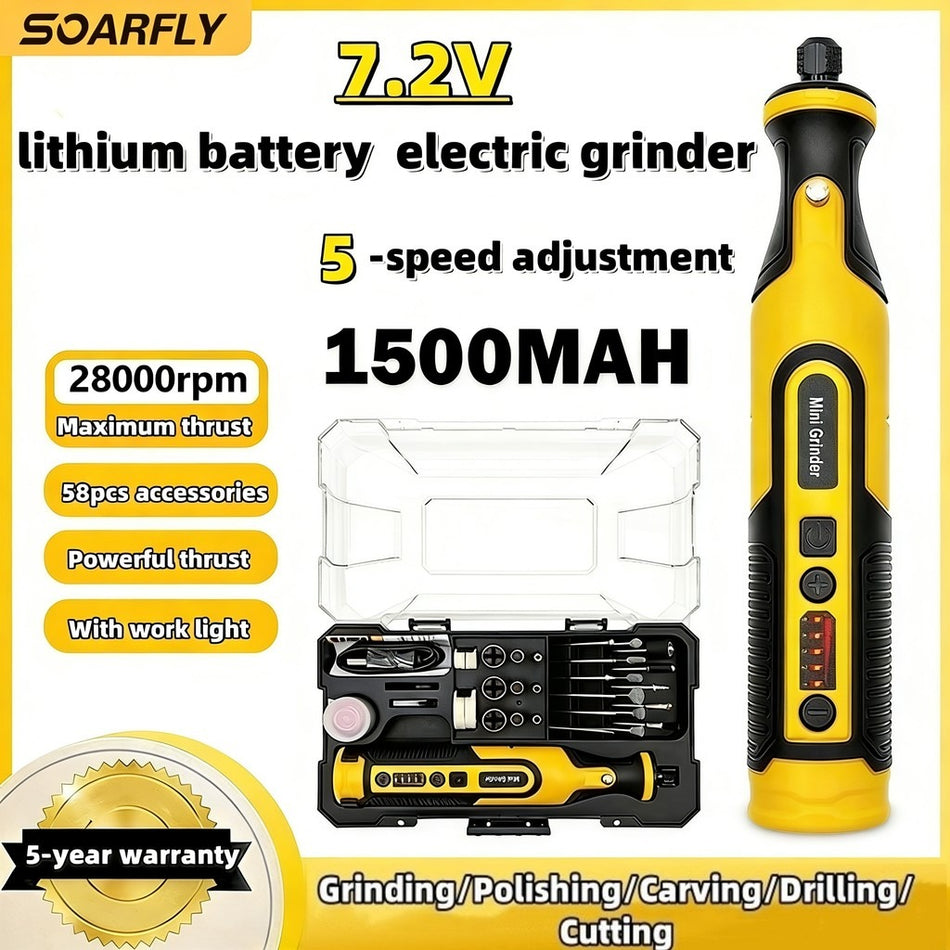 Kit de Mini Retificadora sem Fio SOARFLY 7.2V - Furadeira Elétrica de Precisão e Ferramenta Rotativa Multimateriais para Artesanato Pesado e Polimento