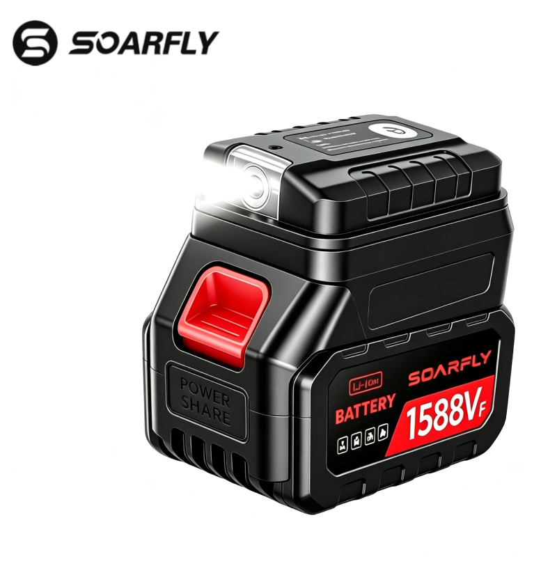 Adaptador conversor de bateria de íons de lítio SOARFLY 1588VF - Power bank com carregamento rápido USB duplo e luz de trabalho LED de emergência