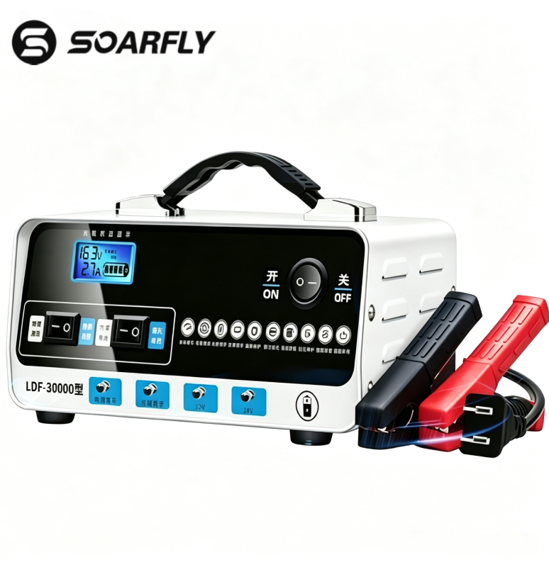 Carregador e mantenedor de bateria inteligente universal SOARFLY - Reparo automático por pulsos para baterias de caminhões, motos e embarcações