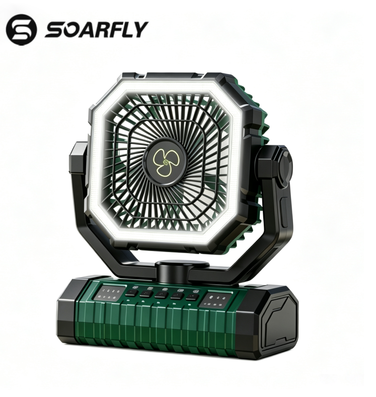 Ventilador de acampamento resistente sem fio SOARFLY - ventilador alimentado por bateria de lítio ajustável de 20000mAh