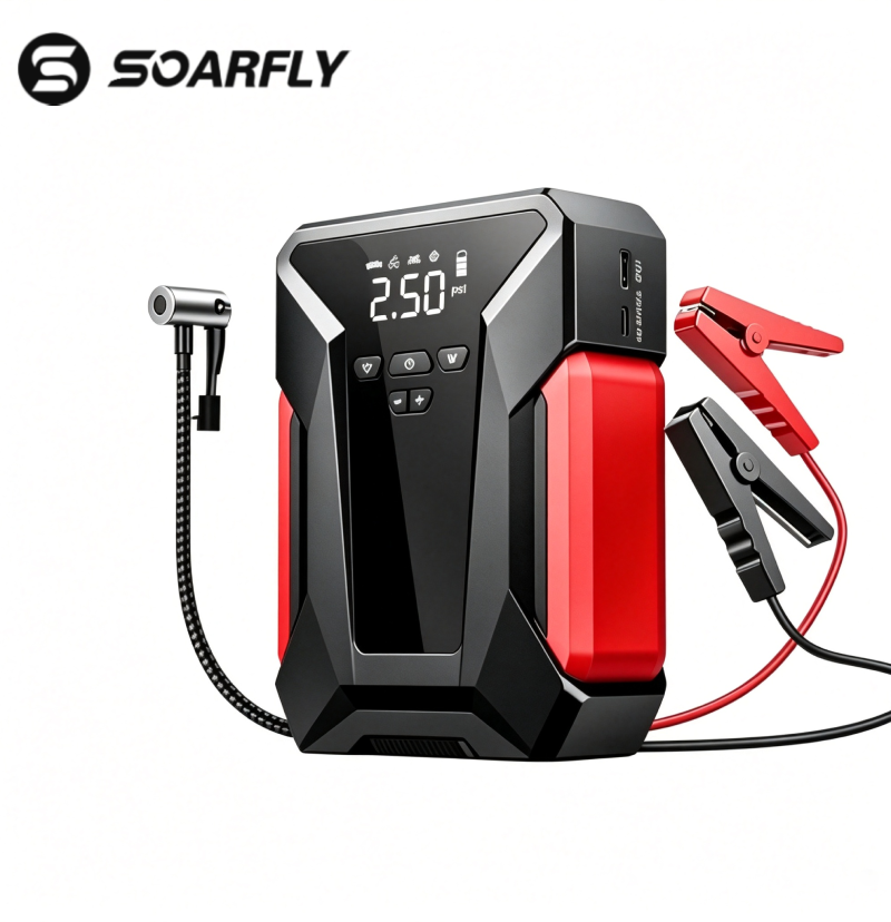 Kit de ferramentas automotivas SOARFLY 99800 mAh 5 EM 1 com partida auxiliar, inflador portátil de pneus, bomba de ar e power bank de emergência